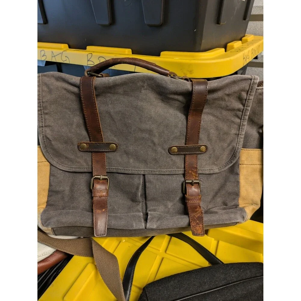 Messenger Bag Gray Canvas Brown Leather Satchel Cross Body Shoulder